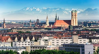 Munich Marienplatz and Alps backdrop