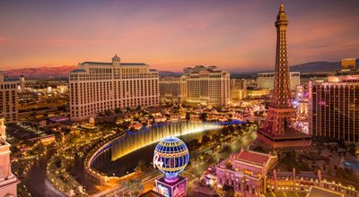 Las Vegas Strip lights and desert backdrop